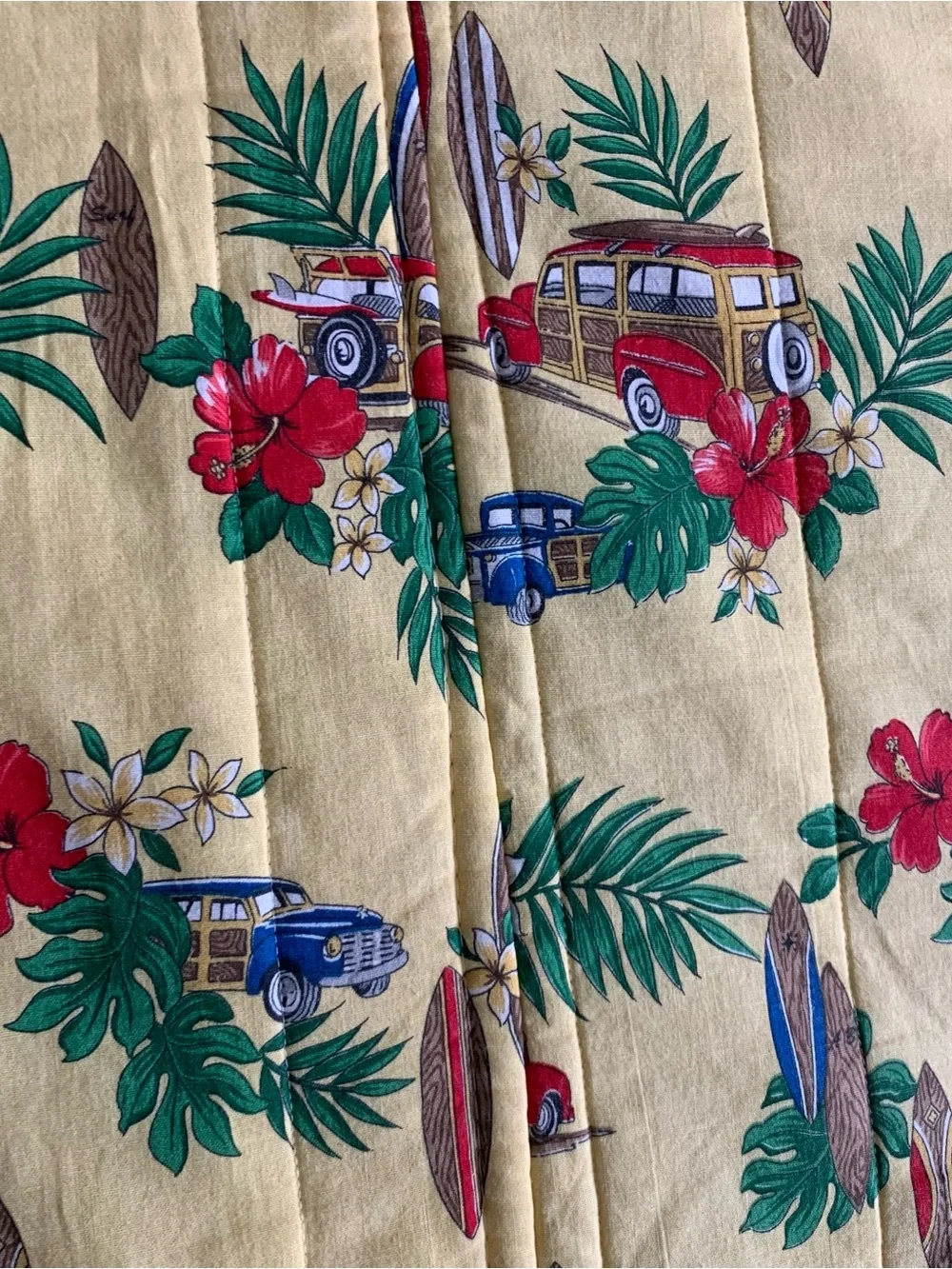 Rare Vintage 80s Contessa Hawaii Woody Surfboard Palm Trees Yellow Bedspread